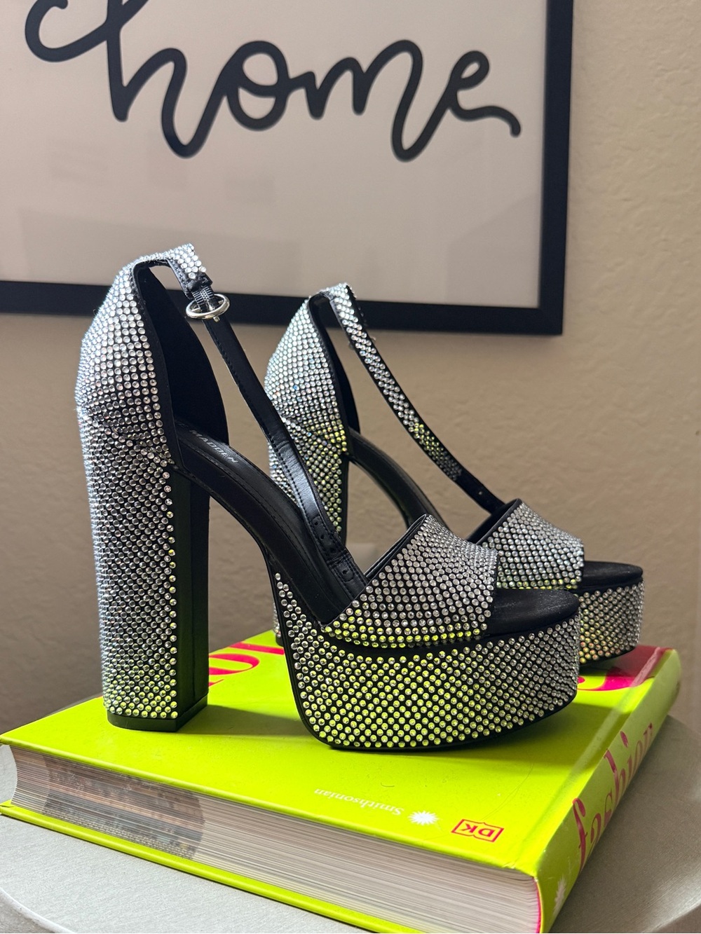 Steve Madden Silver Crystal Platform Block Heels